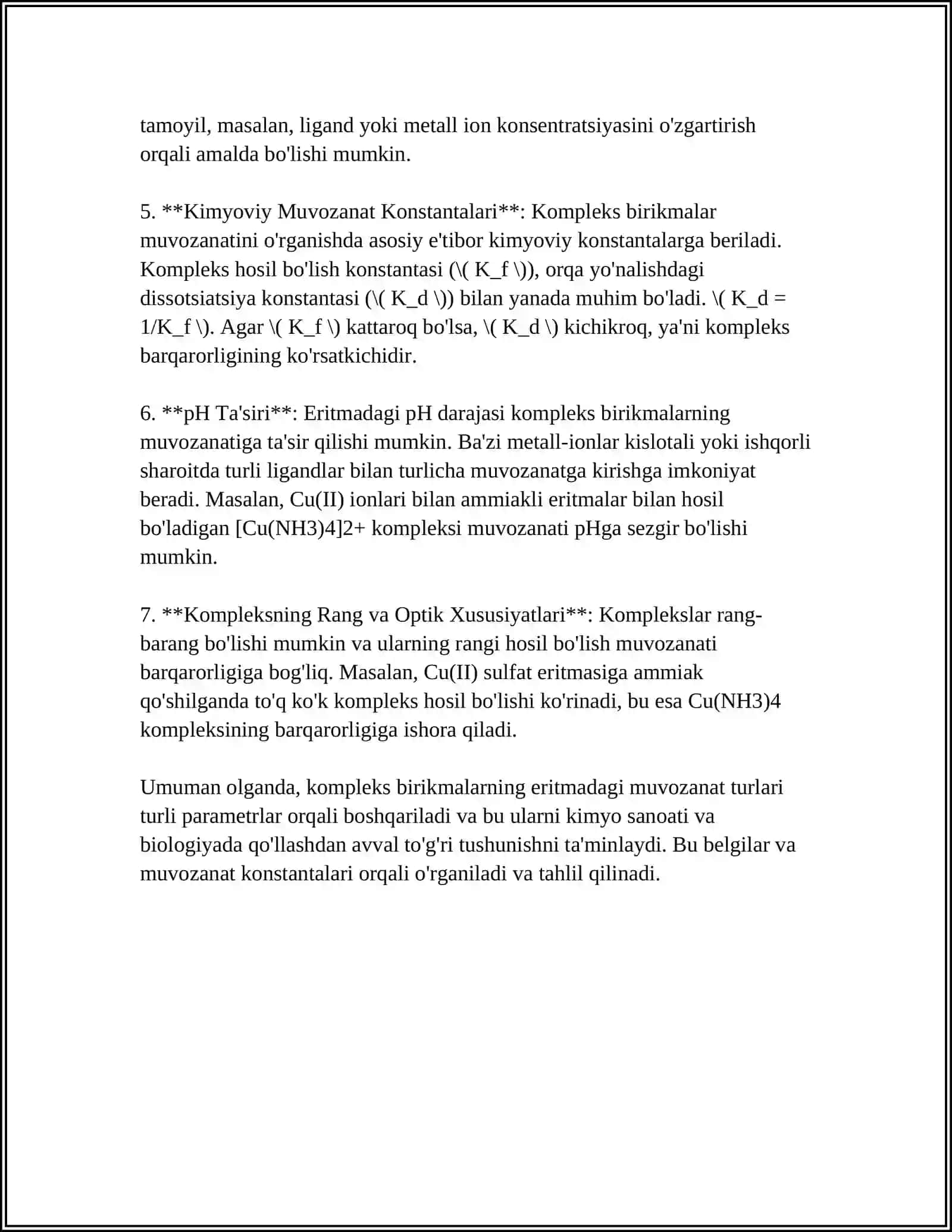 KOMPLEKS BIRIKMALARNING ERITMALARIDAGI MUVOZANATLAR. KOMPLEKSLARNING BEQARORLIK KONSTANTASI 4