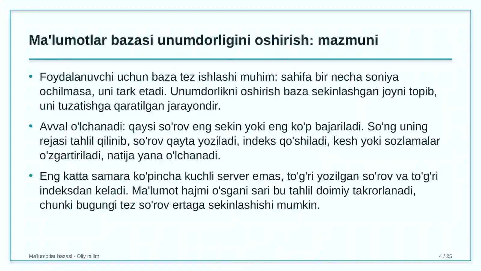 Xususiy telekanallarda ma'lumotlar bazasi unumdorligini oshirish 4