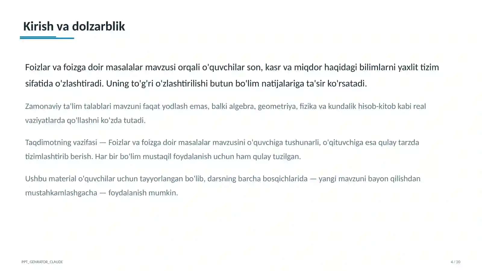 Foizlar va foizga doir masalalar (5-sinf) 4