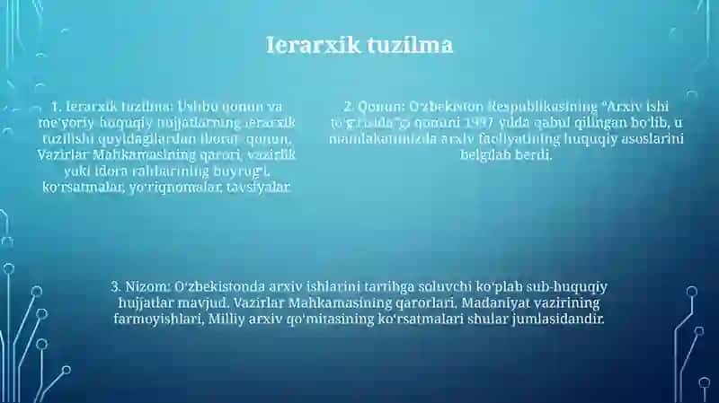 O‘Zbekiston Respublikasi Arxiv Ishi Bo‘Yicha Qabul Qilingan Qonun Va Qonun Osti Me'Yoriy Hujjatlar Tasnifi 4