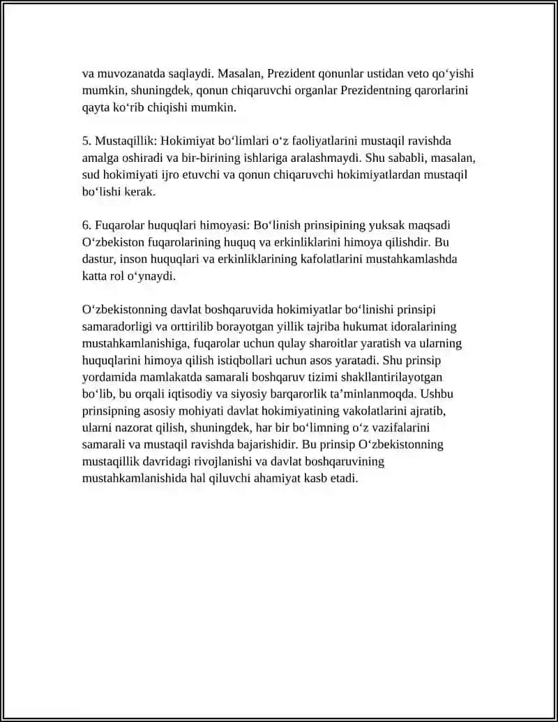 MILLIY DAVLAT BOSHQARUVI TIZIMI.MUZTAQIL OʻZBEKISTONDA HOKIMYATLAR BO`LINISHI PRINSIPI 4