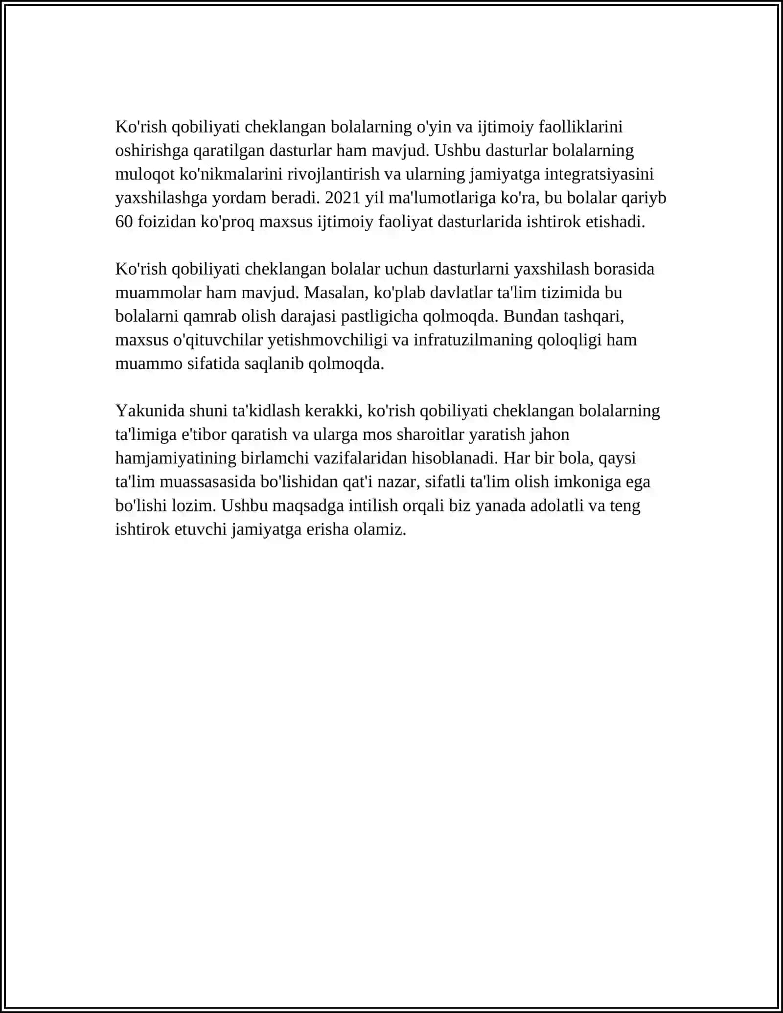 MUSTAQIL ISH Mavzu: KORISH QOBILIYATI CHEKLANGAN BOLALAR 4