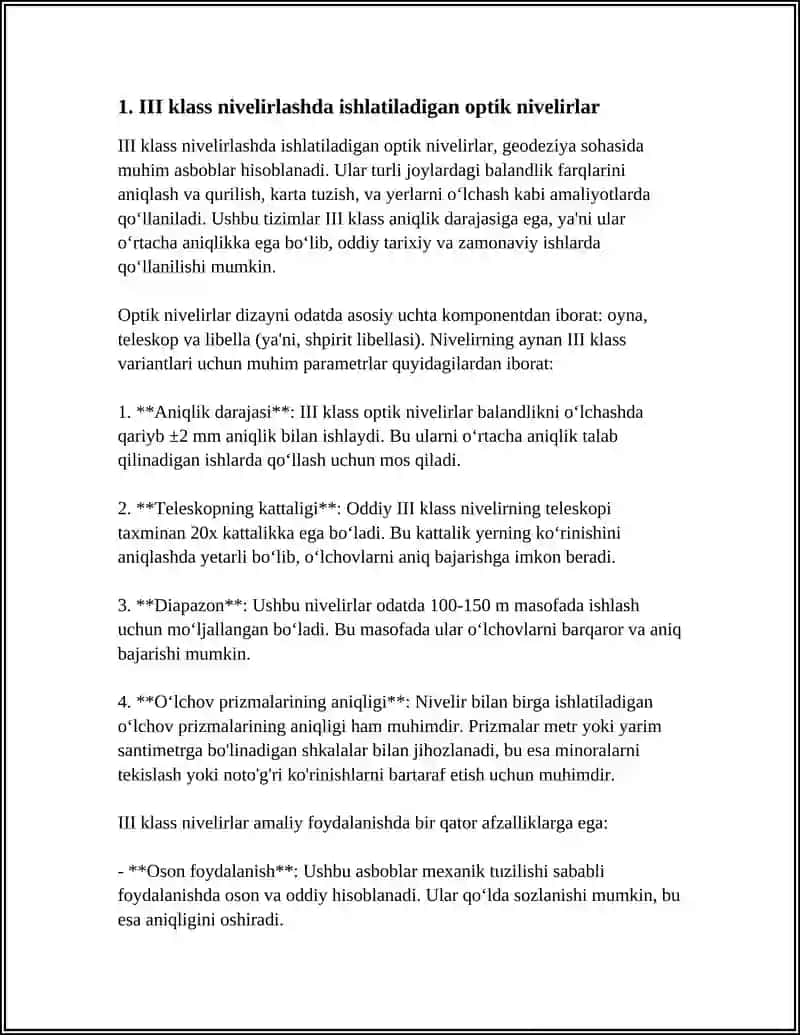 III VA IV KLASS NIVELIRLASHDA QO‘LLANILADIGAN ASBOBLAR NIVELIRLASH ISHLARINI TASHKIL KILISH VA BAJARISH 4