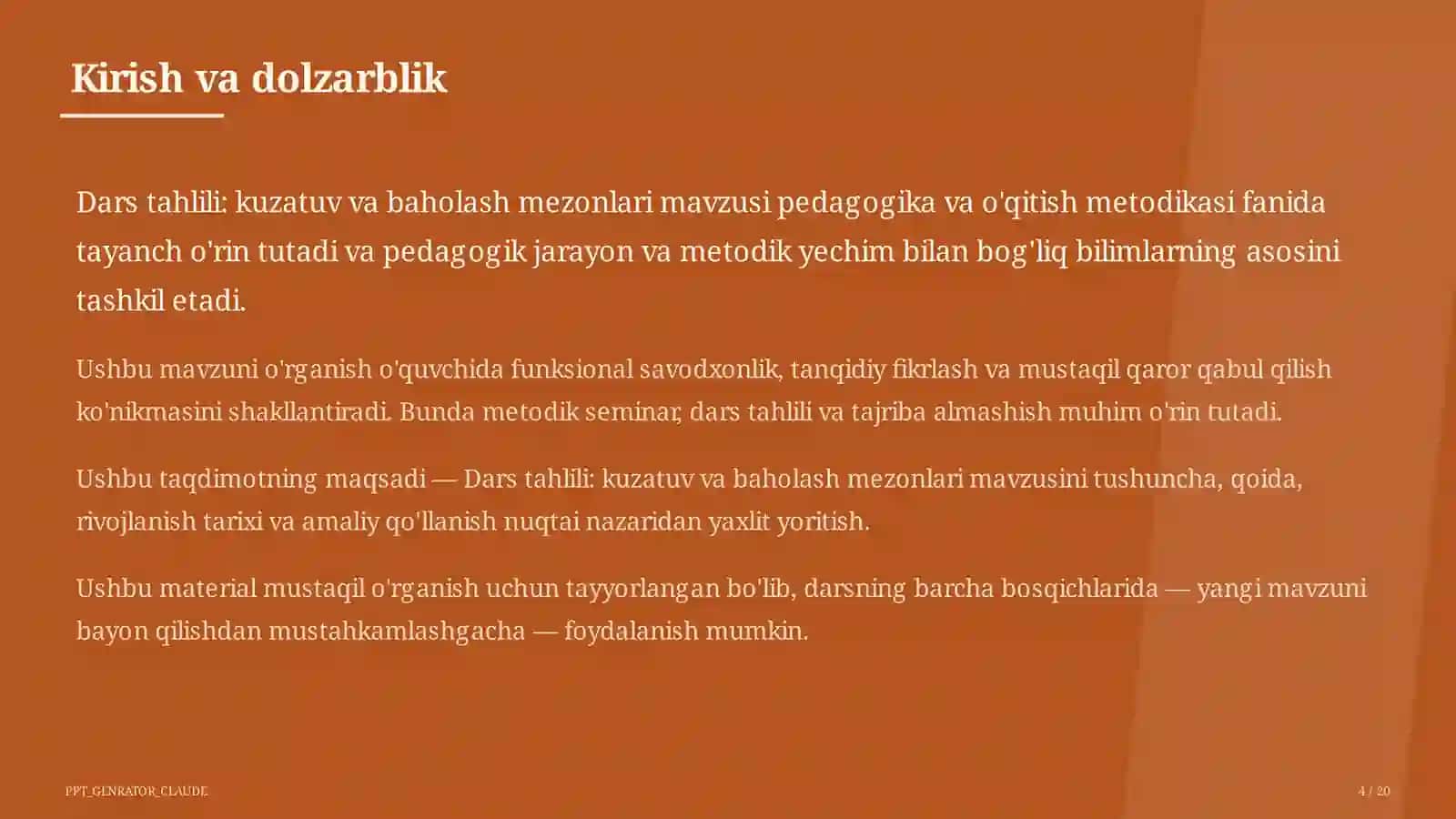 Dars tahlili: kuzatuv va baholash mezonlari 4