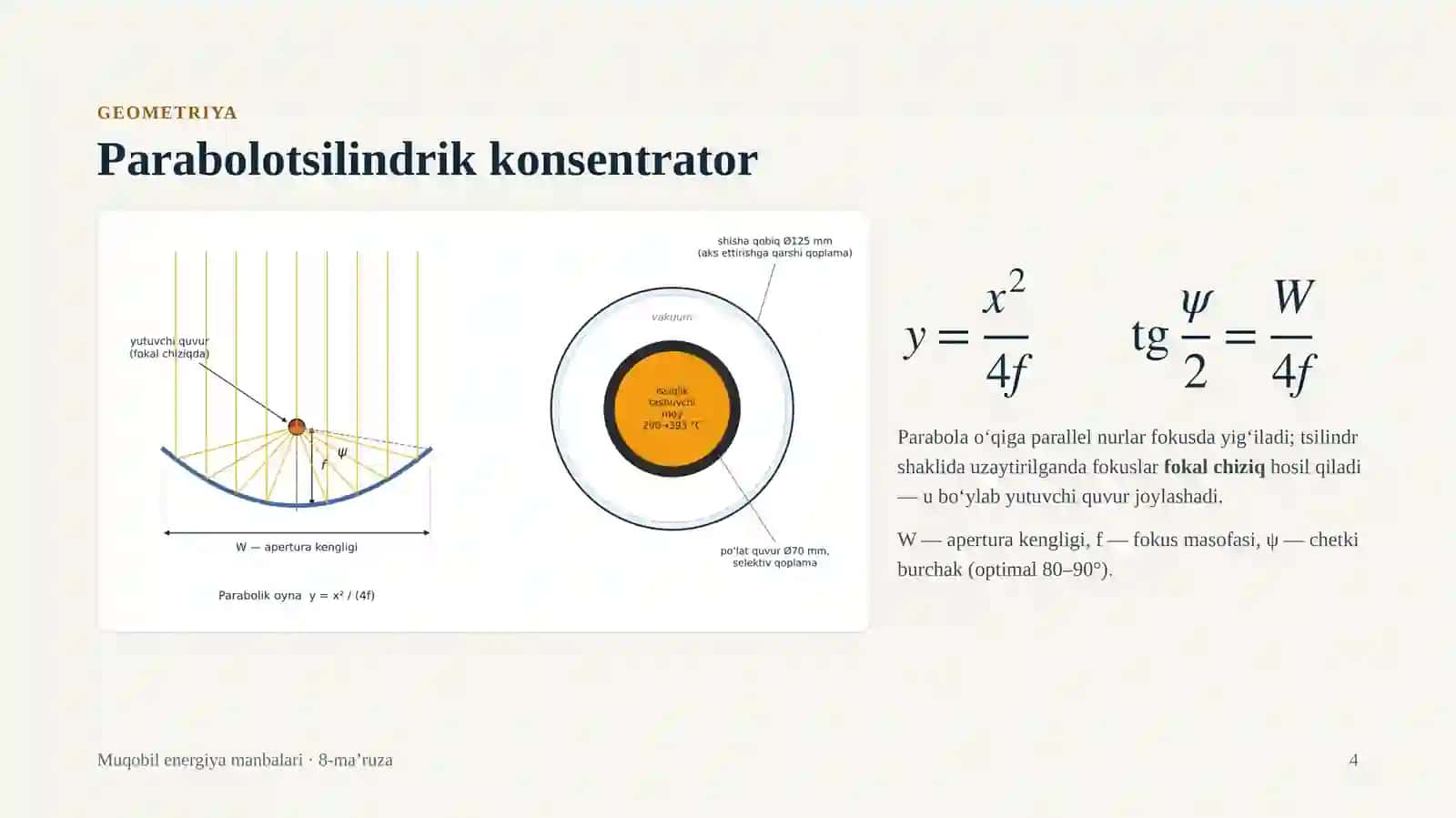 Parabolotsilindrik turdagi quyosh issiqlik elektr stansiyasini ishlab chiqish va loyihalash 4