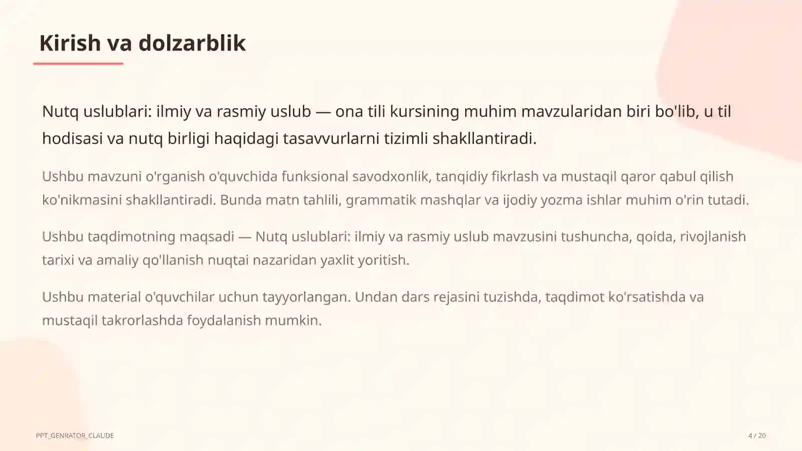 Nutq uslublari: ilmiy va rasmiy uslub (10-sinf) 4