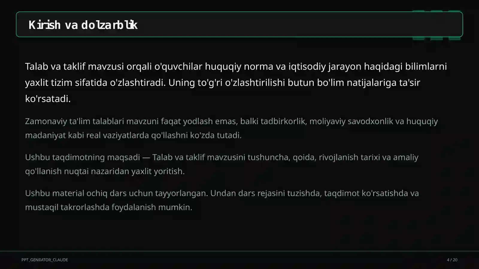 Huquq va iqtisodiyot asoslari (9–11) — ochiq dars uchun 4