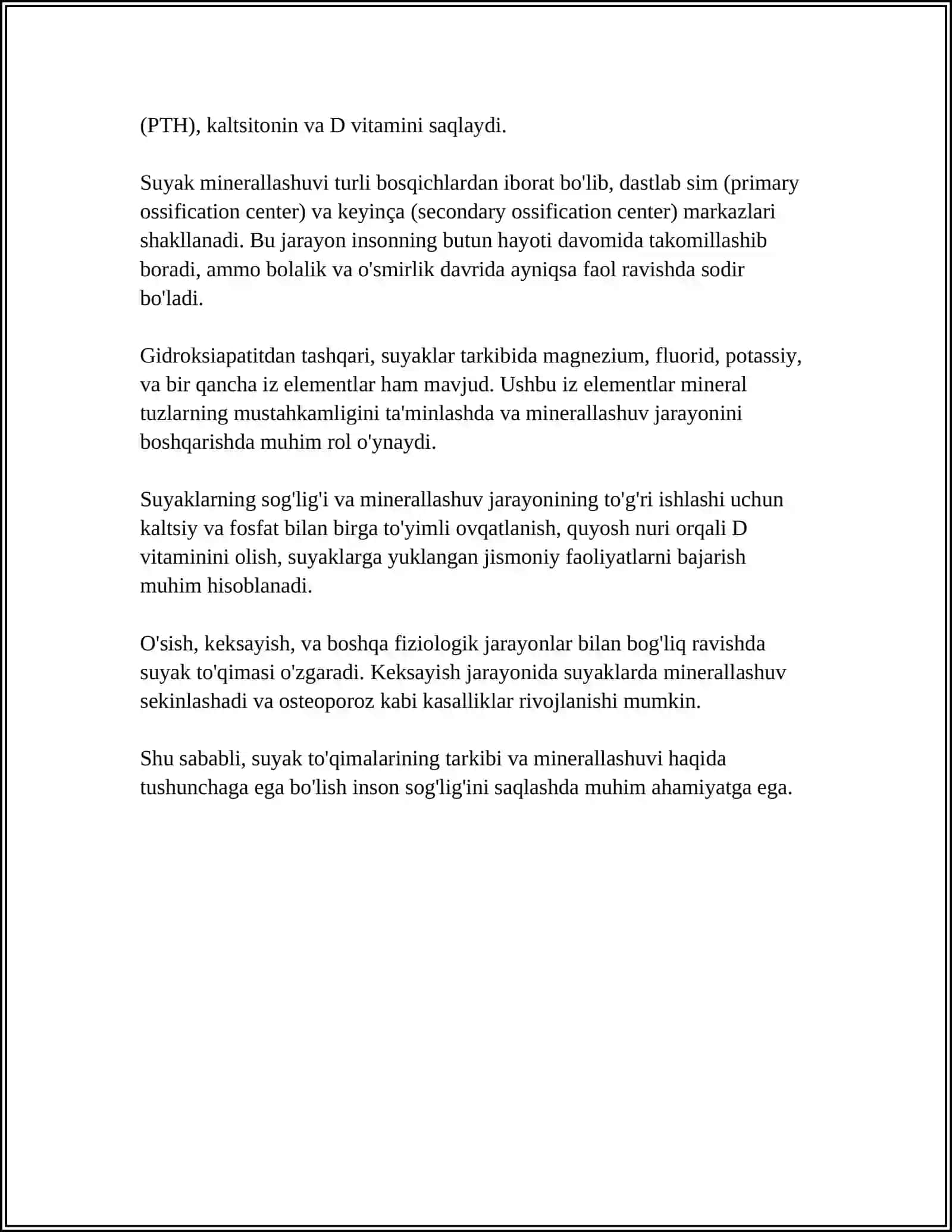 SUYAK TO'QIMALARINING MINERALLASHUVI, UNING TARTIBGA SOLINISHI VA BUZILISHLARI. SUYAK TO’QIMALARINING REGENERATSIYASI VA TRANSPLANTATSIYASI. SUYAKNING O’ZGARISHIGA TASIR QILUVCHI OMILLAR 4