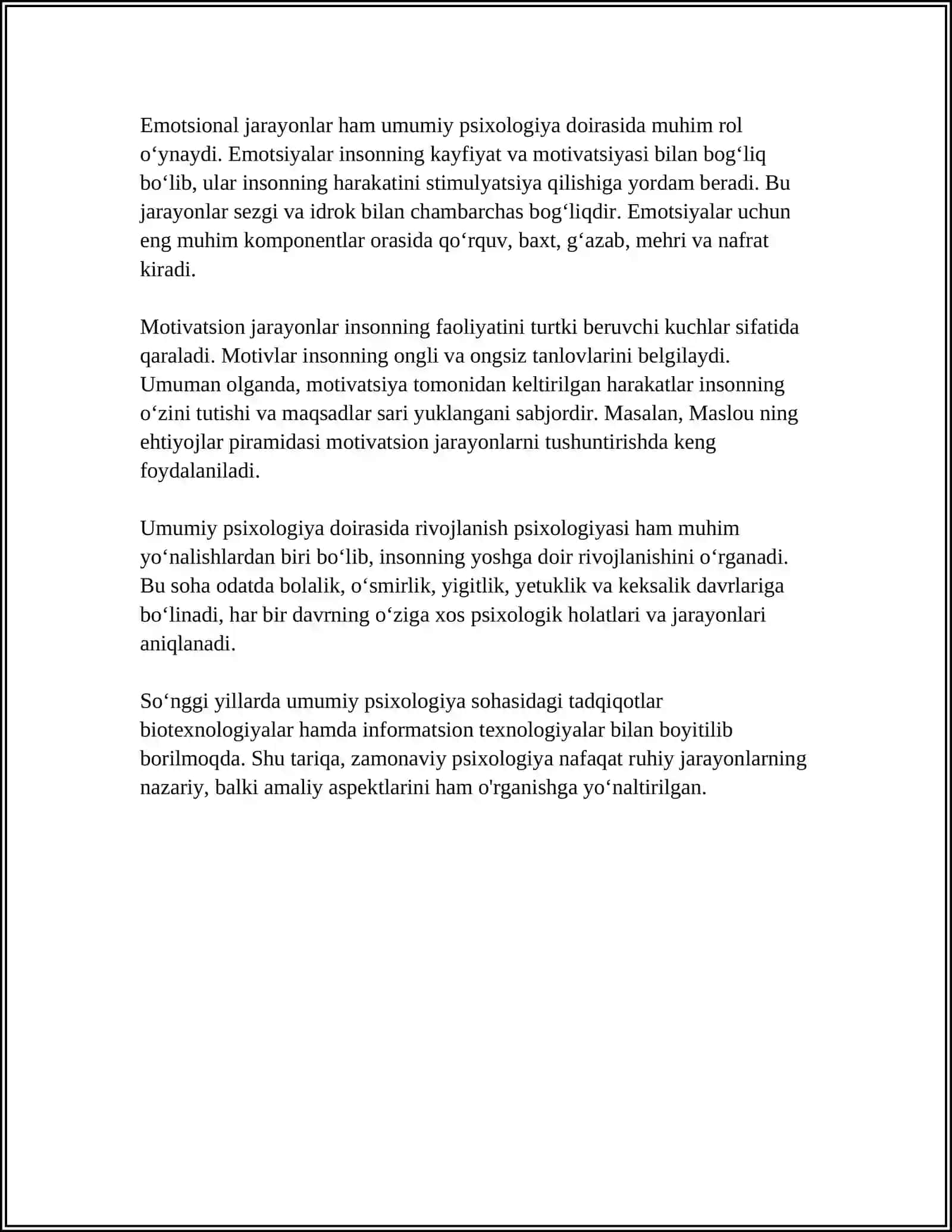 UMUMIY PSIXOLOGIYA PREDMETI, MAQSAD, VAZIFALLARI, TAMOYILLARI VA TADQIQOT METODLARI 4
