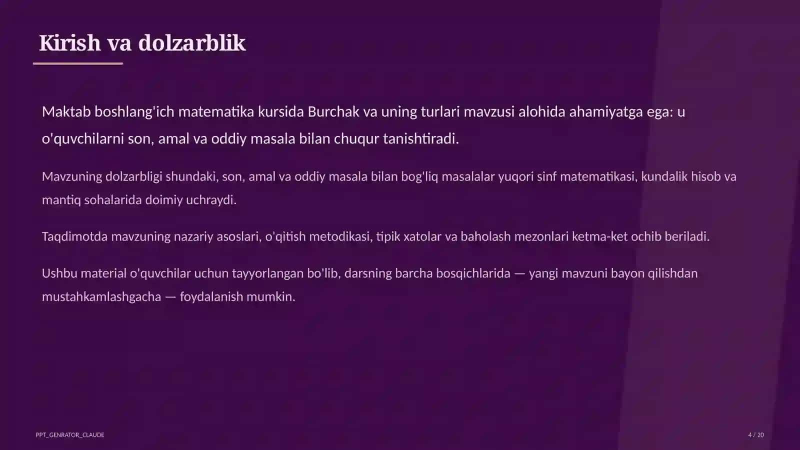 Burchak va uning turlari (4-sinf) 4