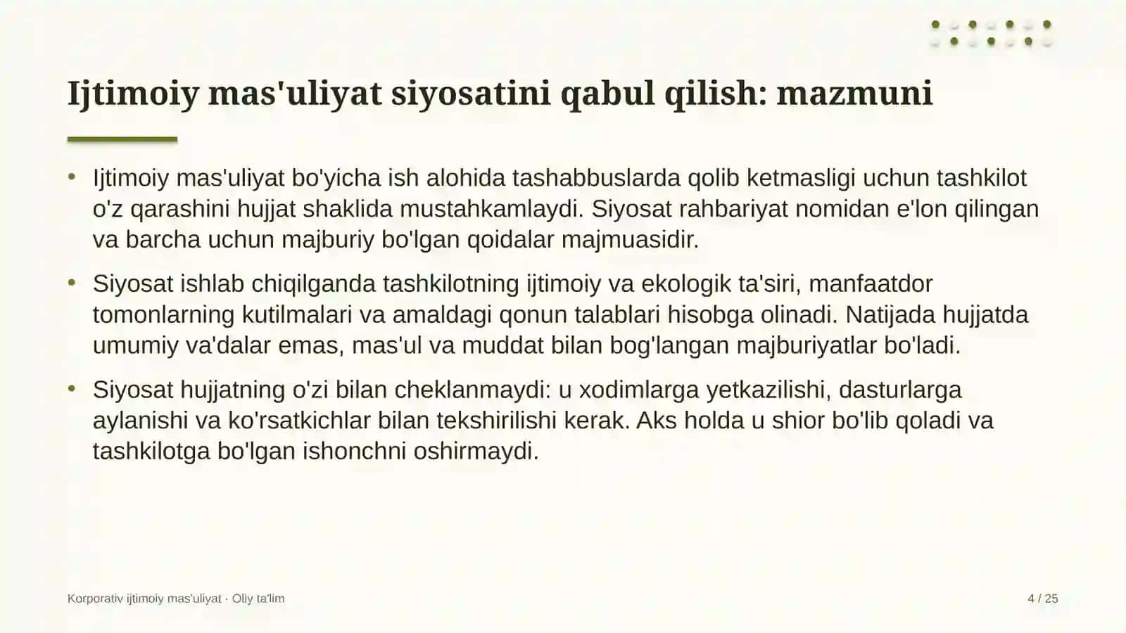 Chakana savdoda ijtimoiy mas'uliyat bo'yicha ichki siyosatni qabul qilish 4