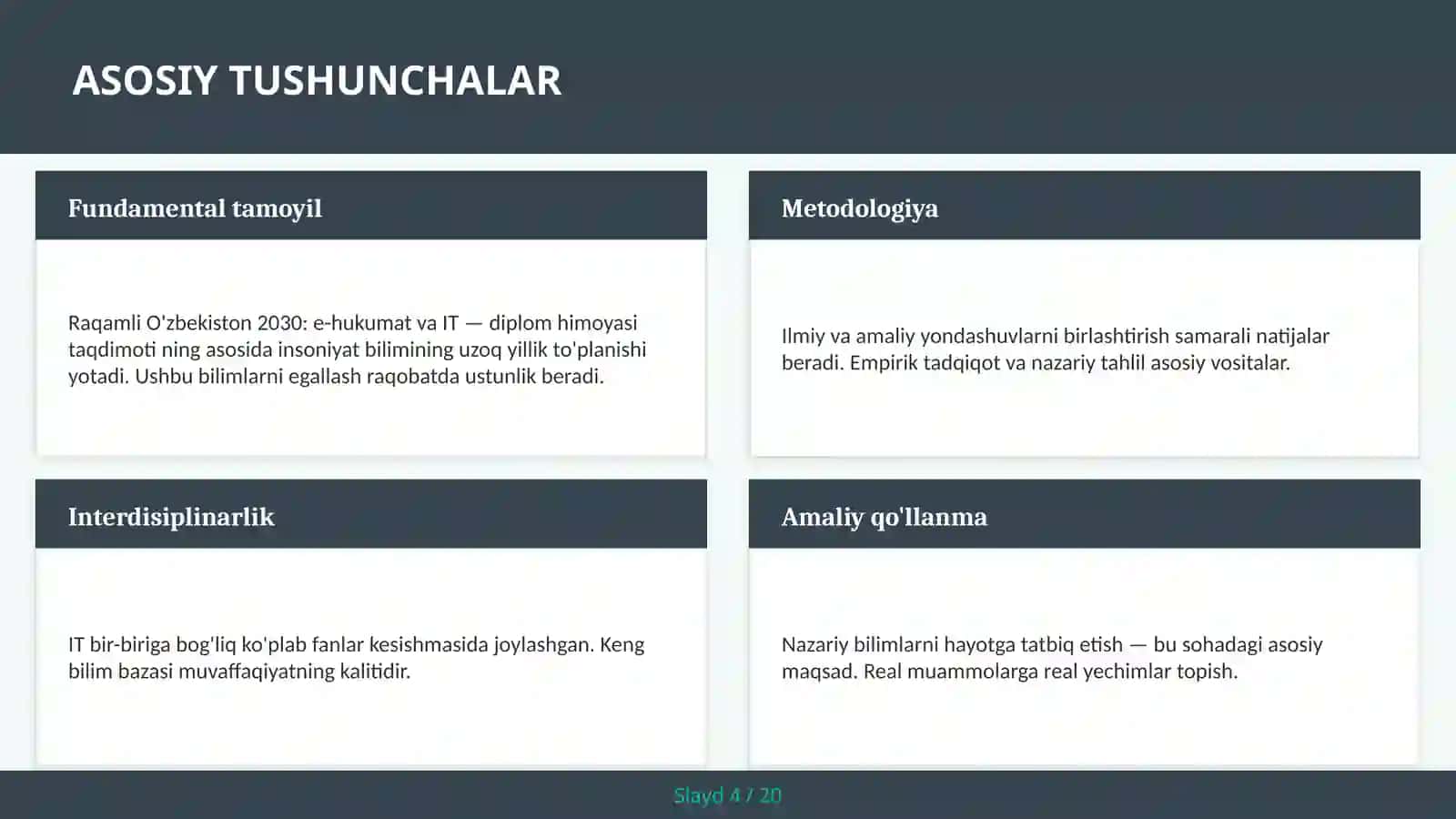 Raqamli O'zbekiston 2030: E-HUKUMAT VA IT — DIPLOM HIMOYASI TAQDIMOTI 4