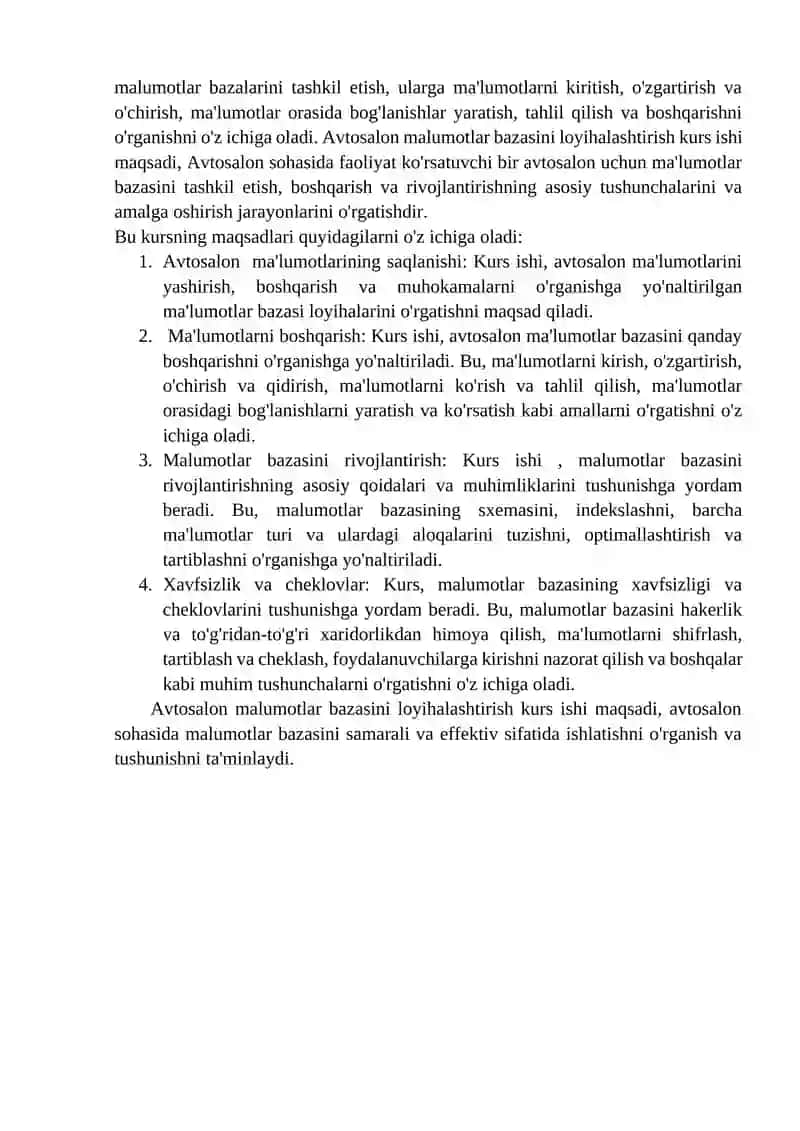 "Avtosalon uchun ma’lumotlar bazasini va avtomatlashgan Tizimni ishlab chiqish" 4