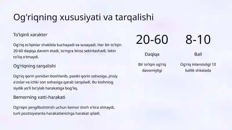Buyrak kolikasi: Klinik belgilari va tez yordam ko'rsatish 4