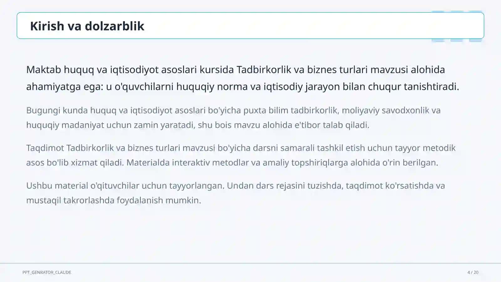 Huquq va iqtisodiyot asoslari (9–11) — o'qituvchilar uchun 4