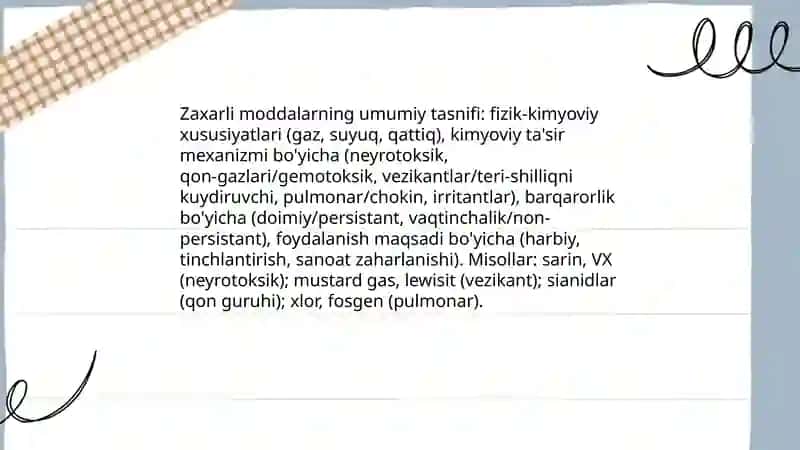 Kimyoviy qurol. Zaxarli moddalarning tasnifi. Kimyoviy vaziyatni baholash 4