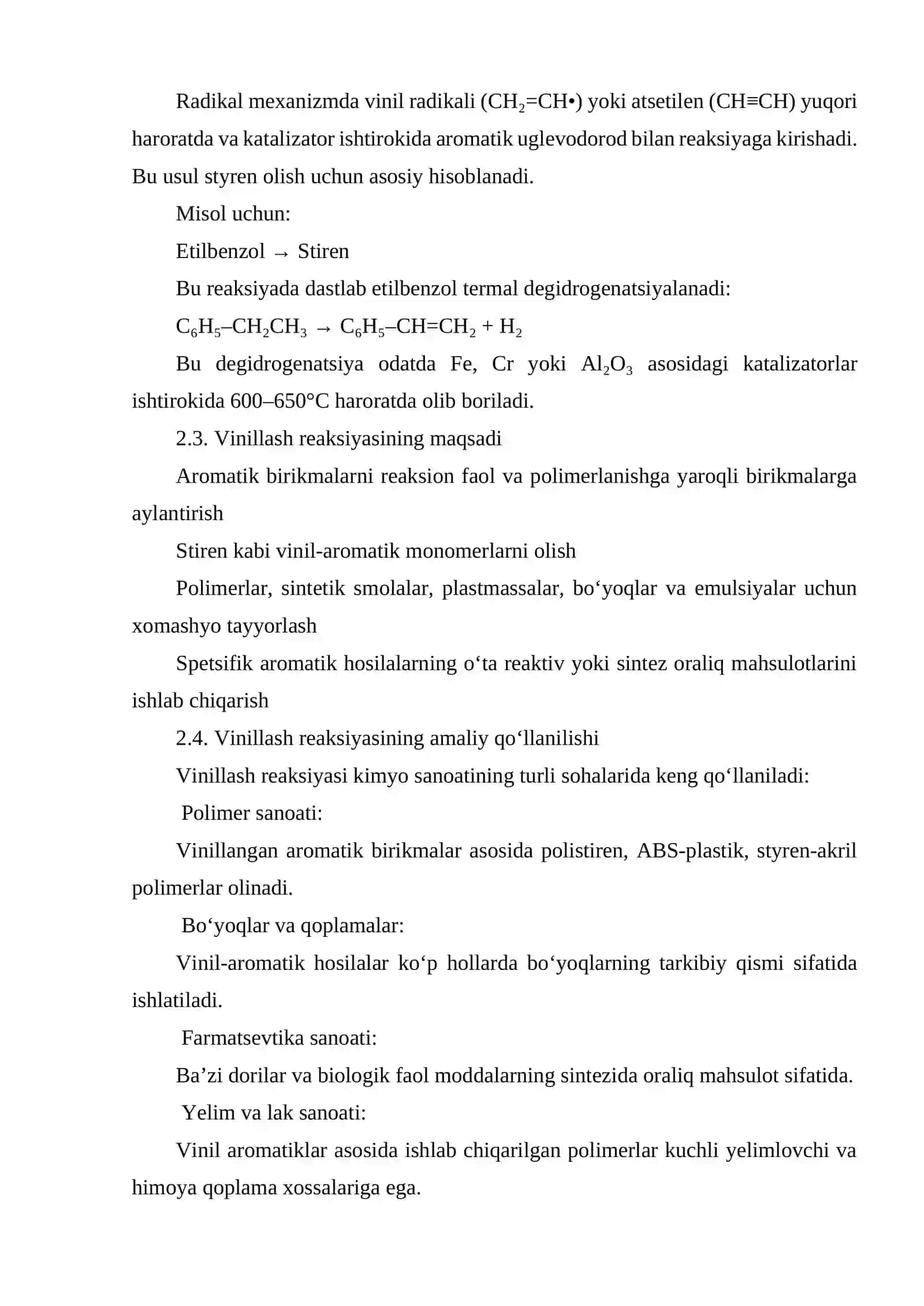 Aromatik uglevodorodlarni geterogen katalitik vinillash reaksiyasi 4