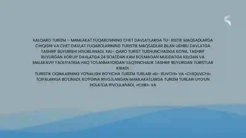 TURIZM SOHASINING TASNIFLANISHI VA TURLARI 4