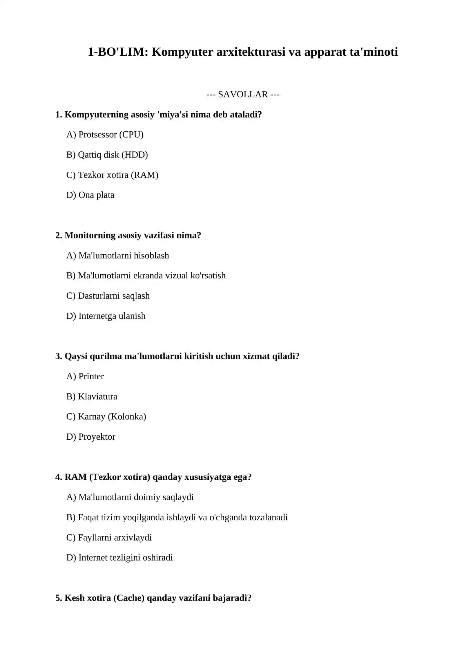 Informatika fanidan testlar to'plami 4