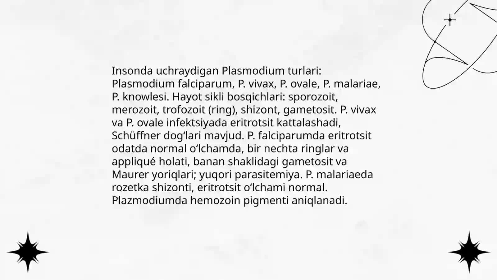 Sporalilar – bezgak plazmodiysi. Toksoplazma. Odam ichak parazitlari, dizenteriya  amyobasi, balantidiy 4