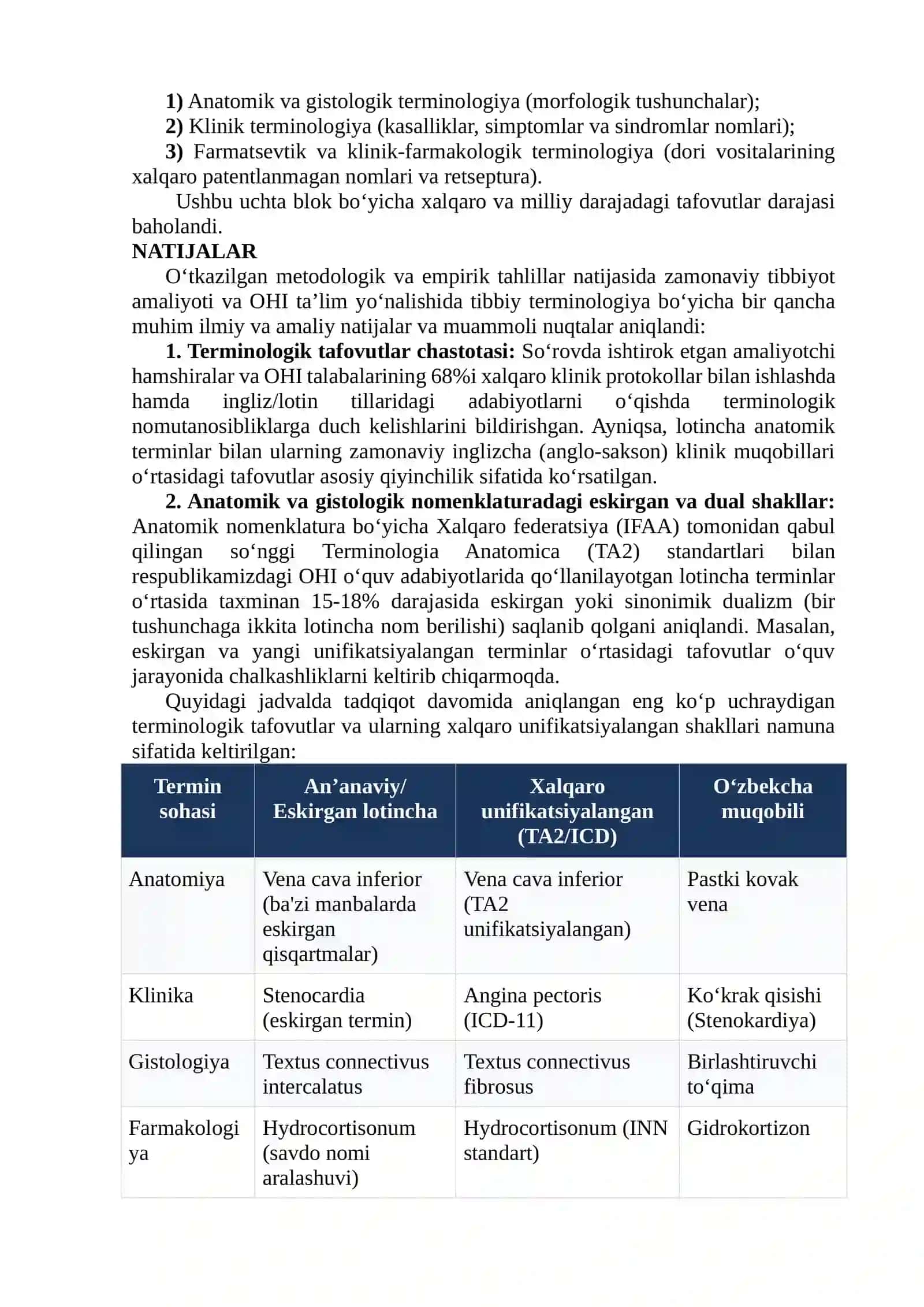 ZAMONAVIY TIBBIYOTDA XALQARO TERMINOLOGIK TAFOVUTLARNI BUKTARISH VA YAGONA NOMENKLATURA YARATISH ISTIQBOLLARI 4