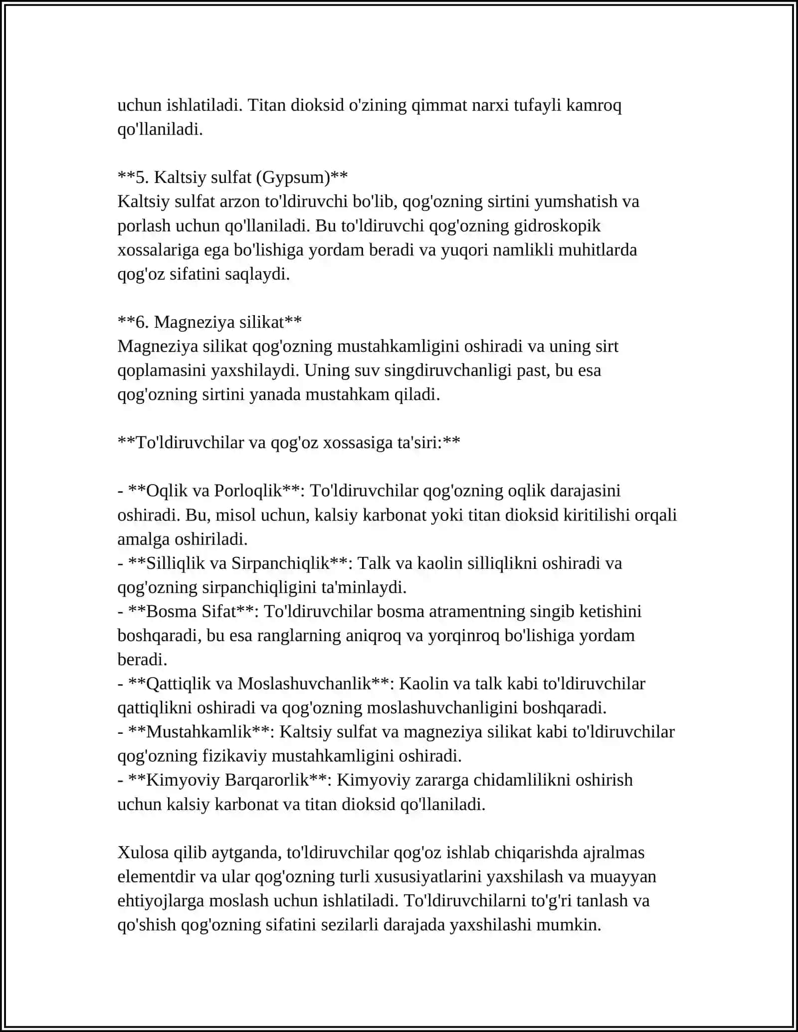 TO'LDIRUVCHILARNI QOG'OZ XOSSASIGA VA TEXNOLOGIK JARAYONGA TA'SIRI 4