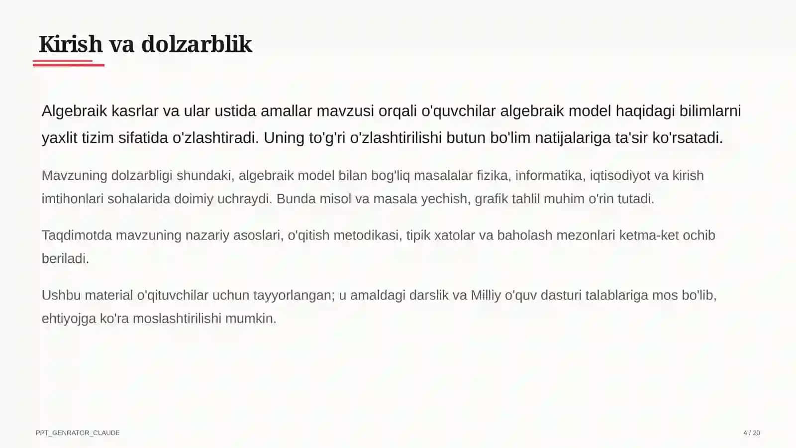 Algebraik kasrlar va ular ustida amallar (8-sinf) 4