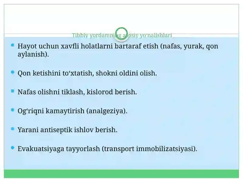 Harbiy dala sharoitlarida bemor va yaradorlarda shoshilinch terapevtik yordam koʼrsatishning printsiplari. Oʼtkir zaxarlanishla 4
