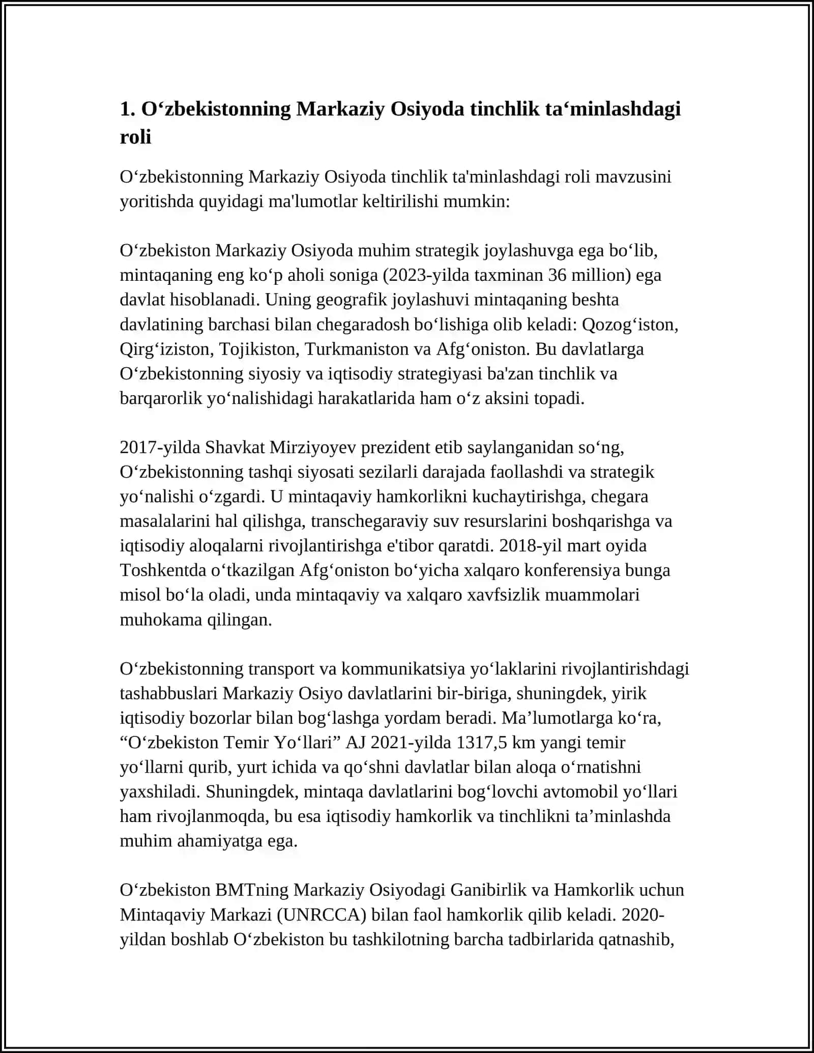 O‘ZBEKISTONNING MARKAZIY OSIYODA TINCHLIK VA BARQARORLIKDAGI TUTGAN O‘RNI 4