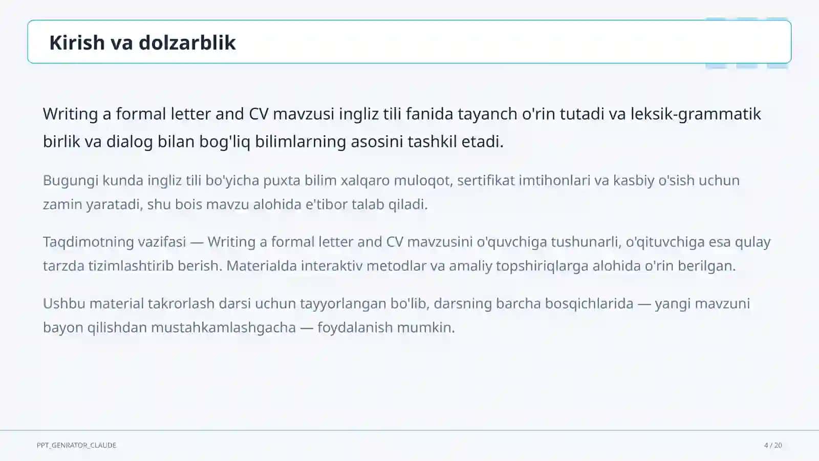 Writing a formal letter and CV (10-sinf) 4