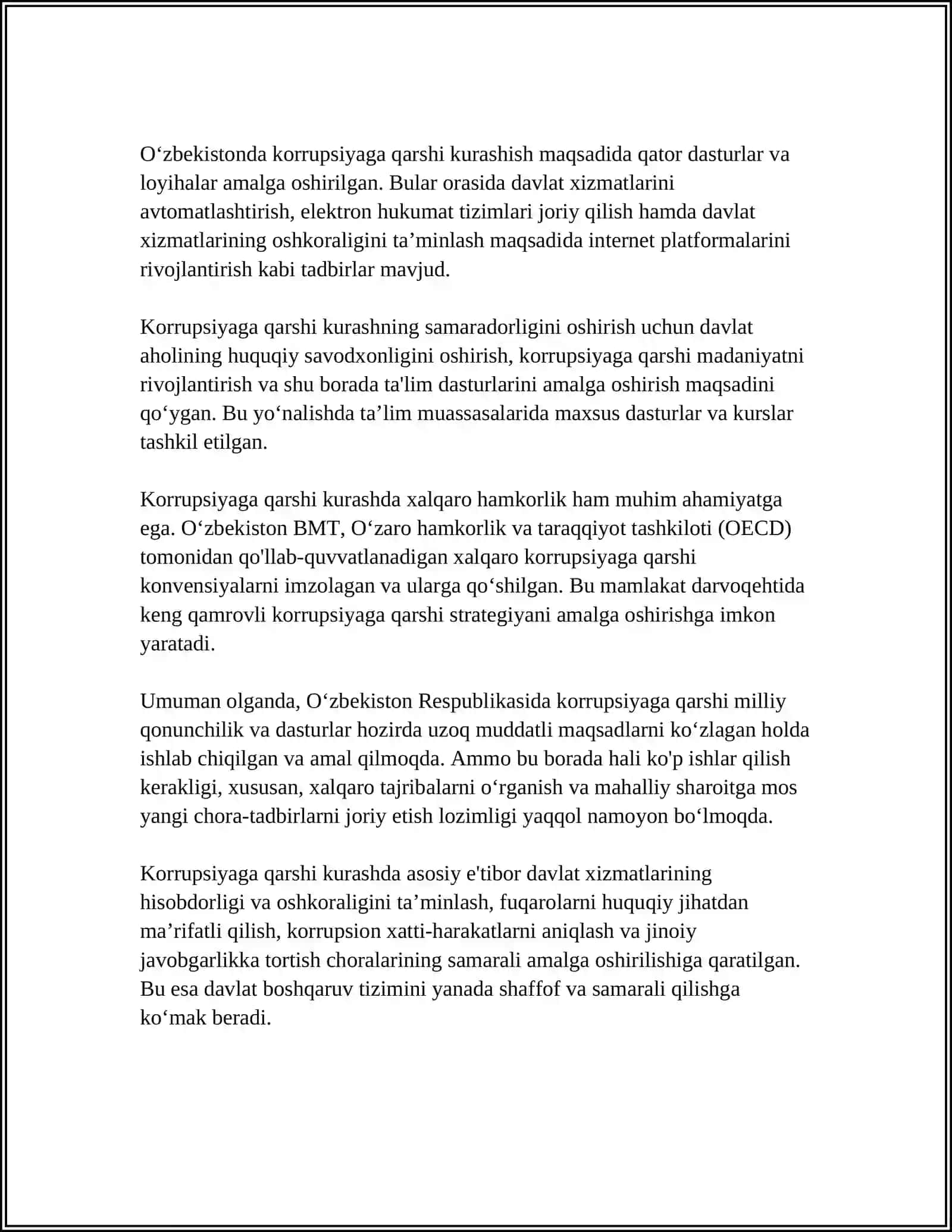 OʻZBEKISTONDA KORRUPSIYAGA QARSHI KURASH MEXANIZMLARI MAVZUSIDA ESSE TAYYORLASH 4