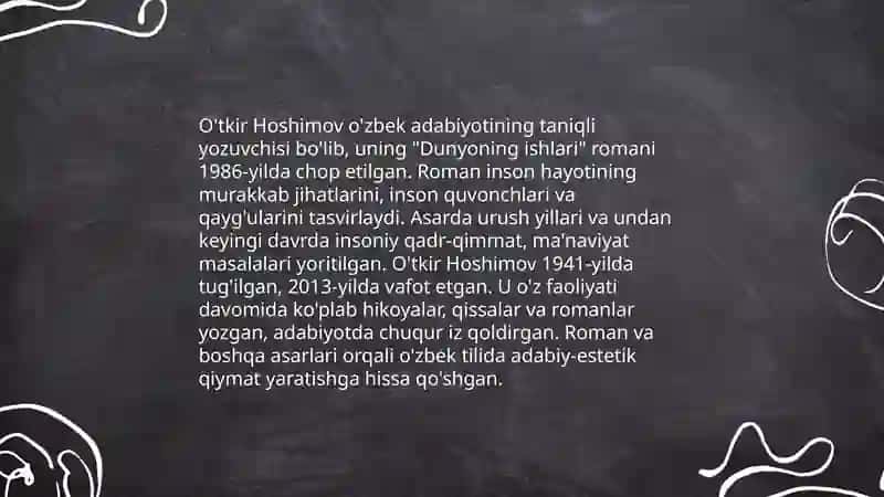 Abdulla Qodiriyning O'tgan kunlar va O'tkir Hoshimovning Dunyoning ishlari romanlari haqida nimaga asoslangan nima maqsadlarda yozilgan qahramonlari hayoti o'xshashligi haqida taqqoslangan taqdimot 4