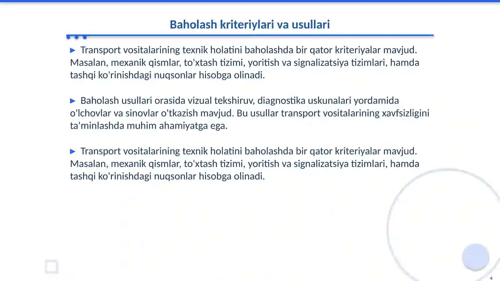 Havfsiz harakatlanishni ta'minlashda transport vositalari tehnik holatining ahamiyati 4