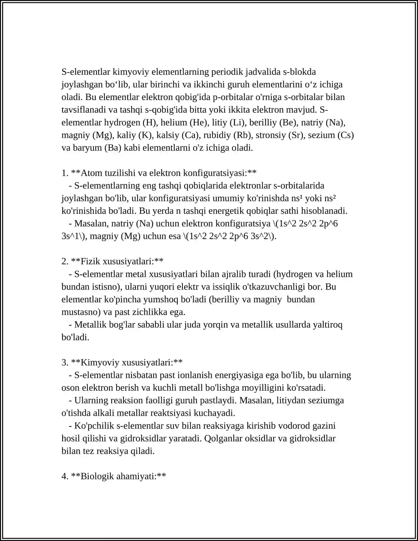 BIOGEN ELEMENTLAR HAQIDA TUWUNCHA S-, P-,D-ELEMENTLARNING FIZIKAVIY VA KIMYOVIY XOSSALARI 4