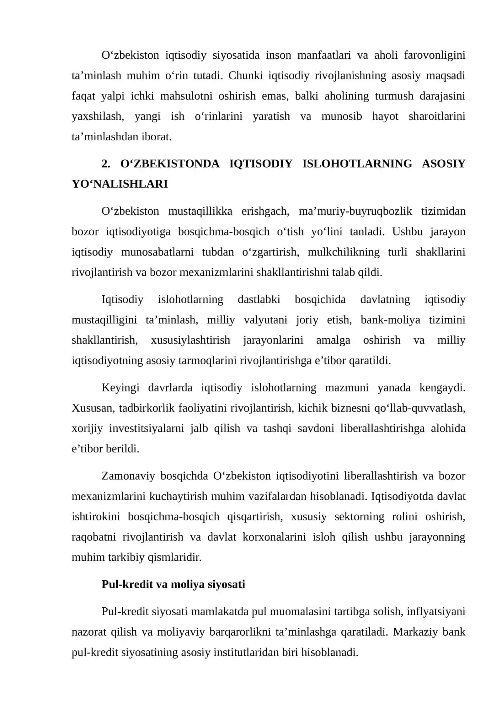 O‘ZBEKISTON RESPUBLIKASINING IQTISODIY SIYOSATI VA XALQARO IQTISODIY SIYOSAT HAQIDA BILIMLAR VA TASAVVURLARGA EGA BO‘LISHI 4