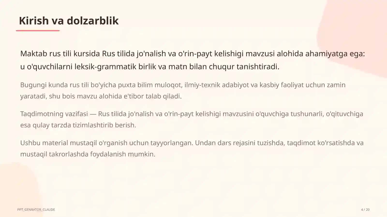 Rus tilida jo'nalish va o'rin-payt kelishigi (5-sinf) 4