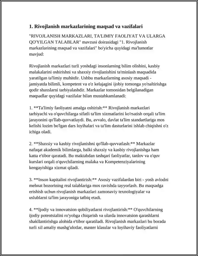 RIVOJLANISH MARKAZLARI, TA'LIMIY FAOLIYAT VA ULARGA QO'YILGAN TALABLAR 4