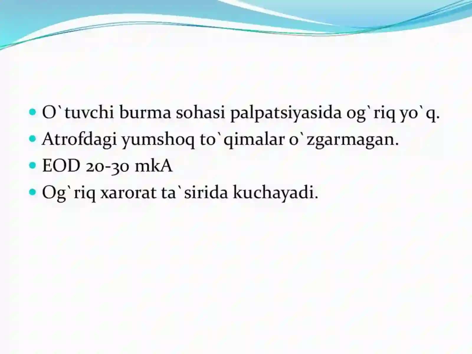 O’tkir diffuz pulpit. Klinika. Tashxislash va qiyosiy tashxislash. 4