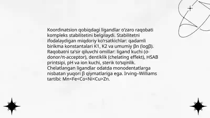 Ligandlarning koordinatsion qobiqdagi o‘zaro raqobati 4