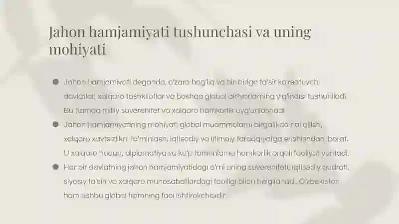 Oʻzbekistonning jahon hamjamiyatidagi oʻrni qanday? 4