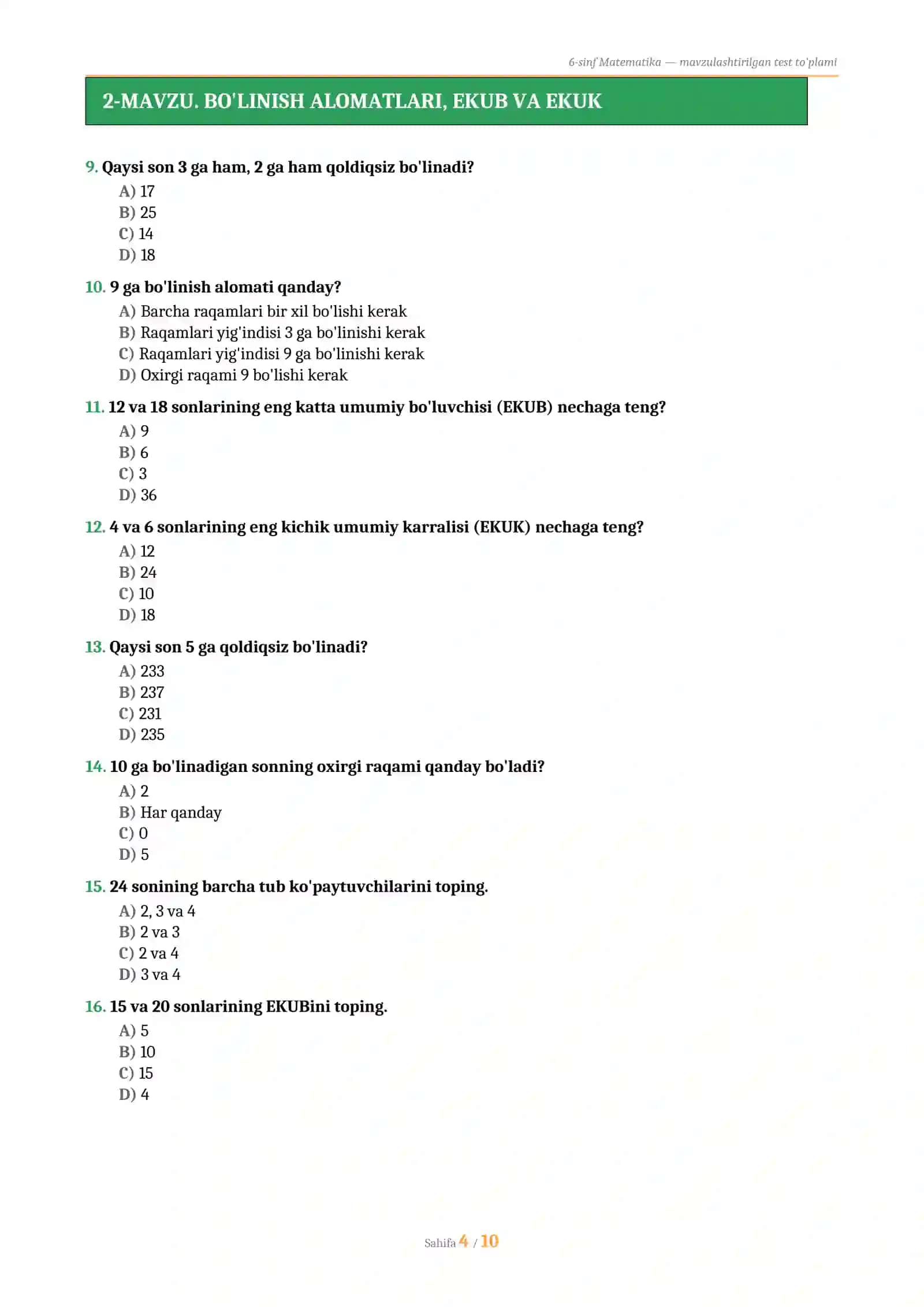 6-SINF MATEMATIKA — MAVZULASHTIRILGAN TEST TO'PLAMI 2026 (56 ta savol, javoblari bilan) 4
