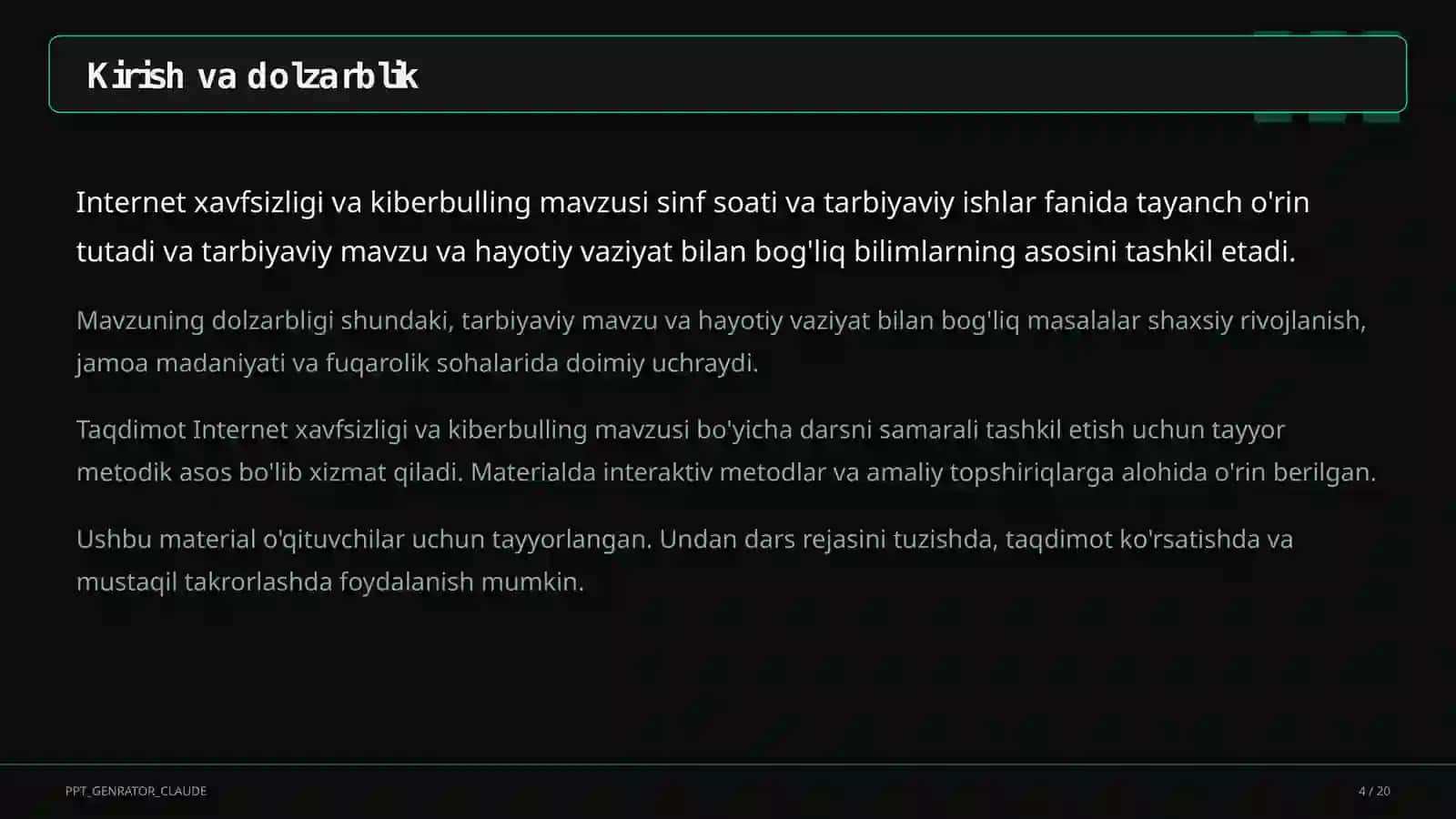 Sinf soati va tarbiyaviy tadbirlar (1–11) — o'qituvchilar uchun 4