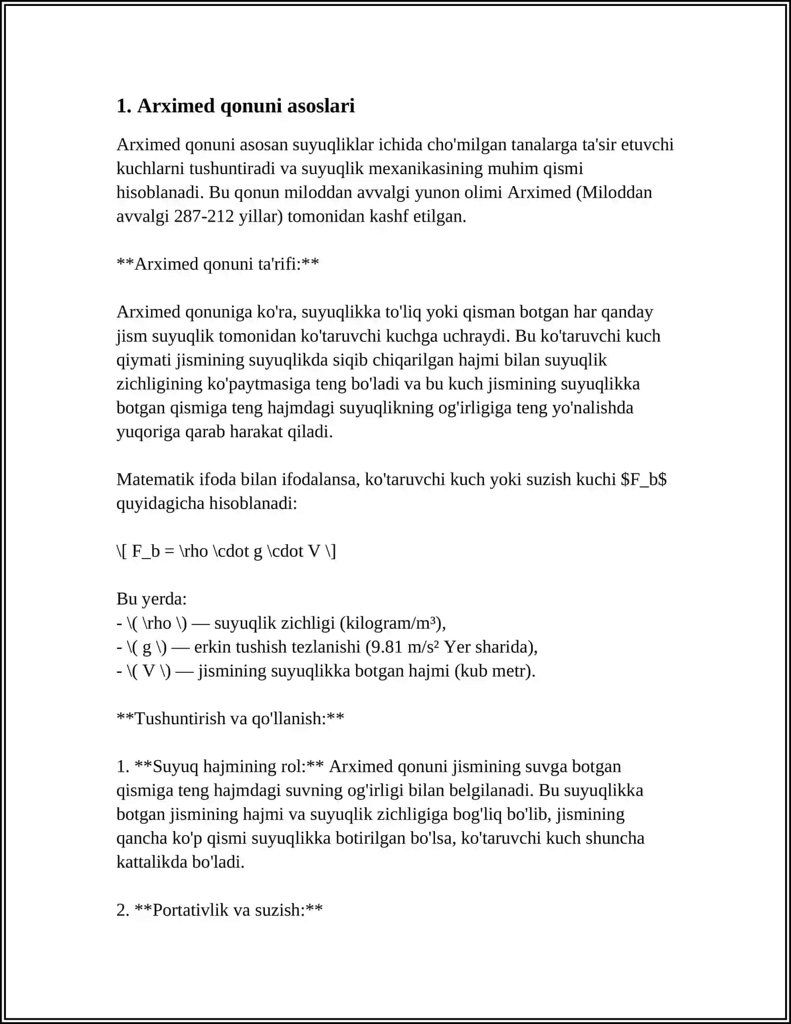 SUYUQLIK VA GAZLAR UCHUN ARXIMED QONUNI 4