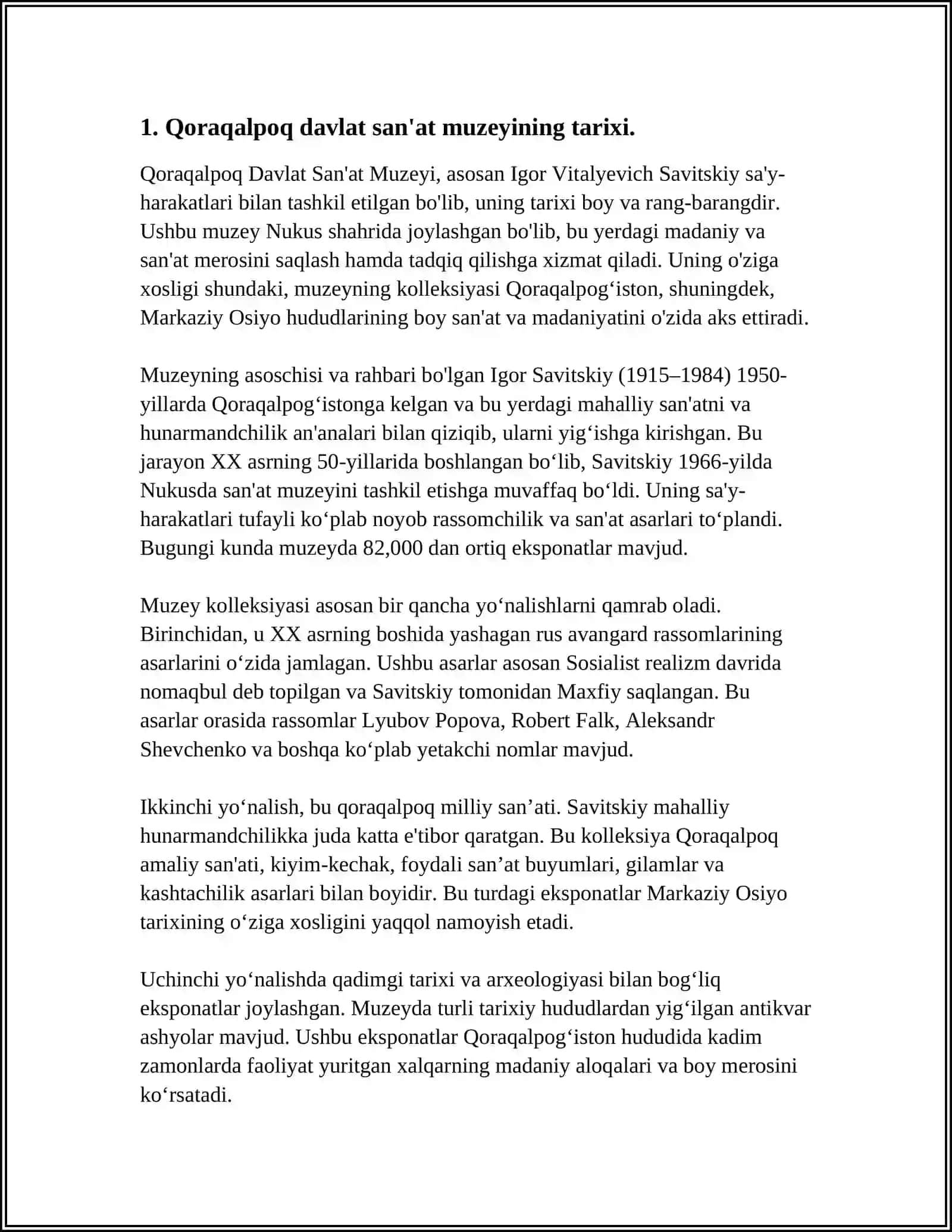 QORAQALPOQ SAVETISKIY MUZEY EKSPANATLARI HAQIDA ESSE YOZISH 4