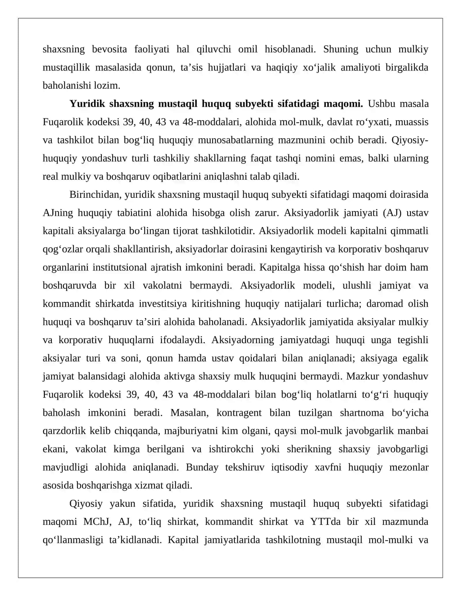 MCHJ, AJ, to‘liq shirkat, kommandit shirkat va yttning qiyosiy-huquqiy tavsifi Huquqiy maqom, kapital, javobgarlik va boshqaruv.docx 4