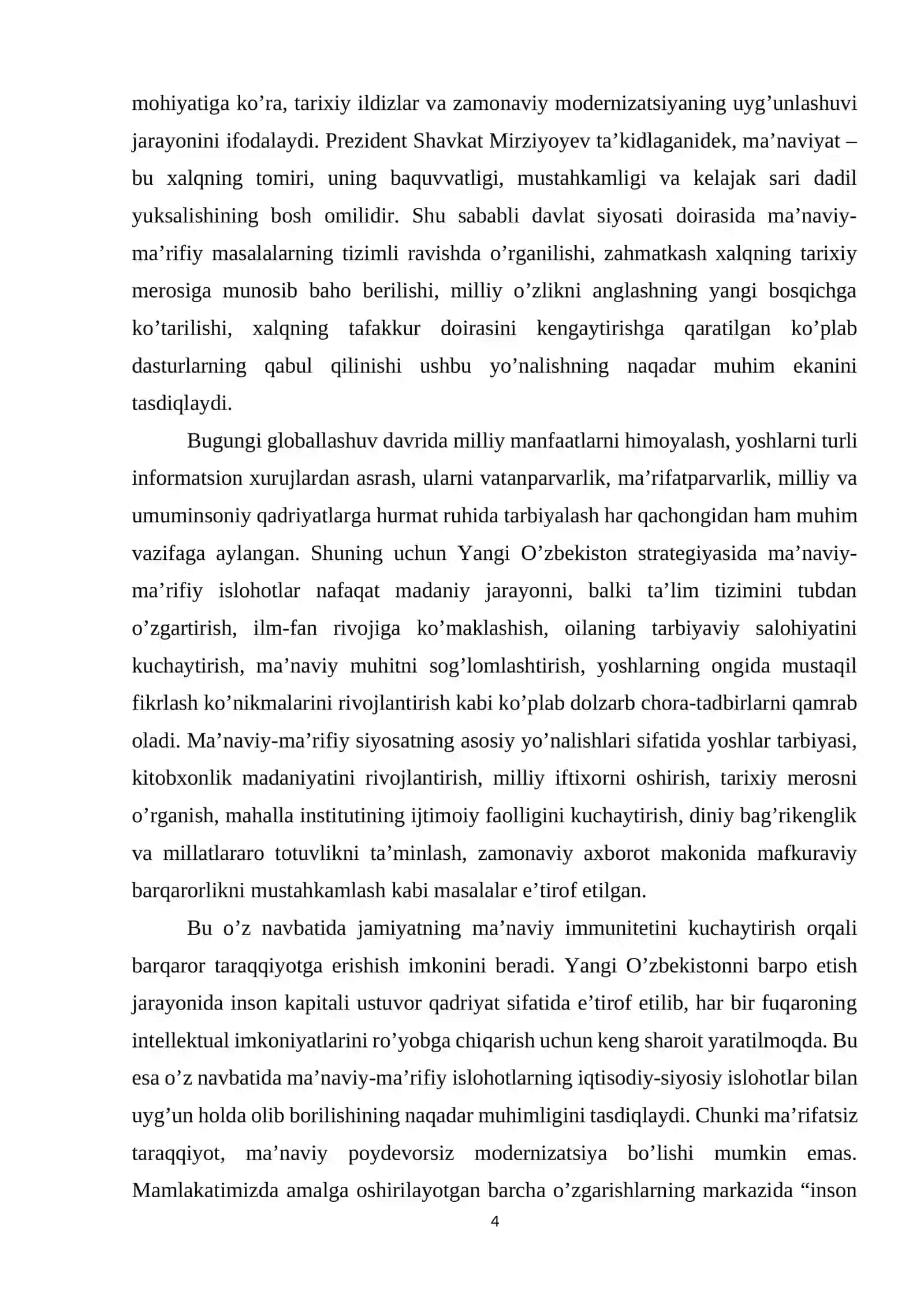 Prezidentimiz Shavkat Mirziyoyev tomonidan "Yangi Oʻzbekiston taraqqiyot strategiyasida ma’naviy marifiy islohotlar 4