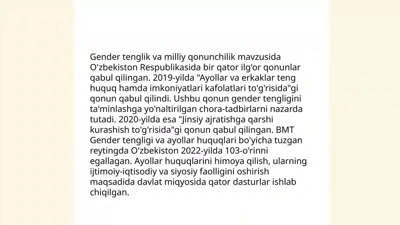 Ayollar huquqlari- O‘zbekiston Respublikasi milliy qonunchiligida. Gender tenglik. Himoya orderi 4