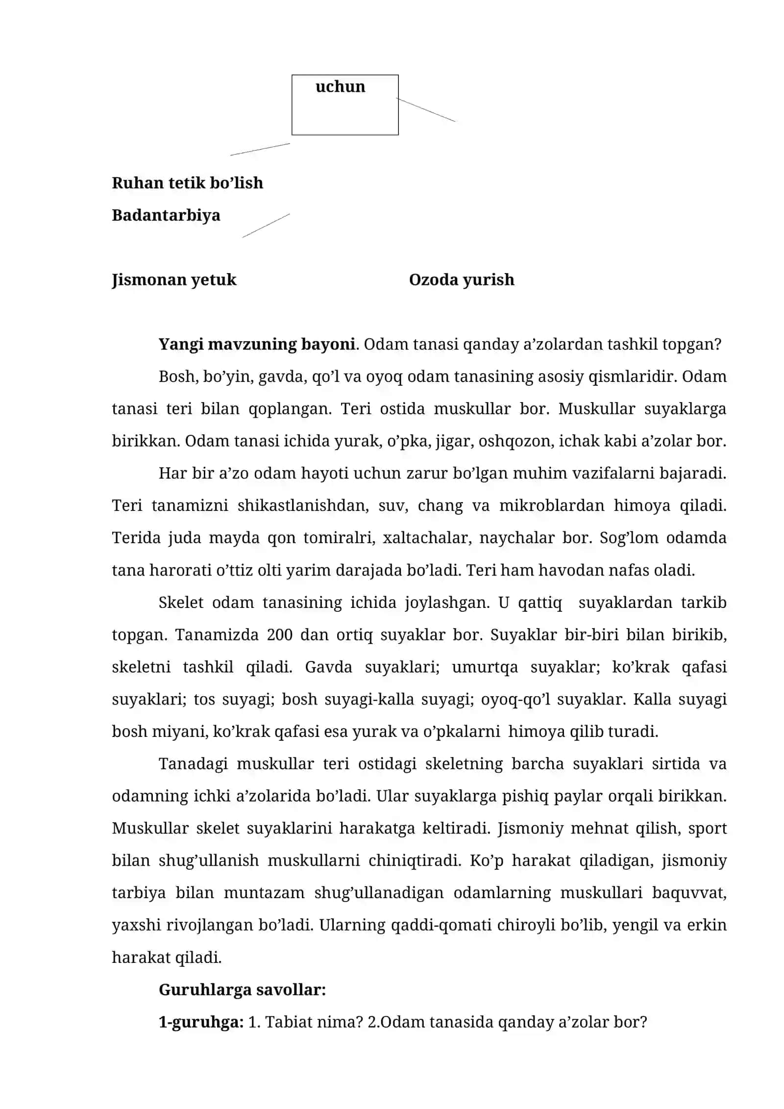 3-sinf Tabiatshunoslik fanidan Odam tanasi mavzusida dars ishlanma 4