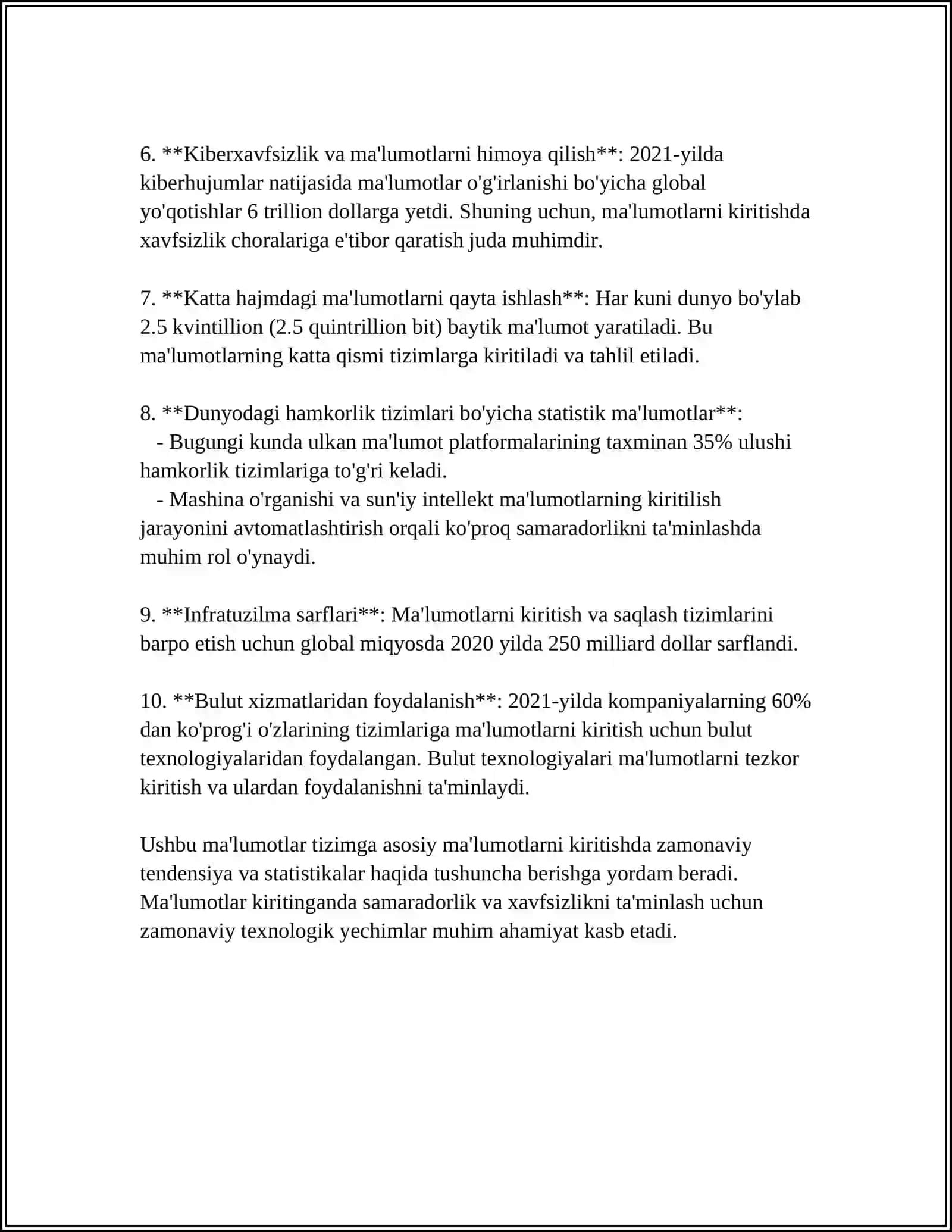 TIZIMDA ISHLASH UCHUN BOSHLANG’ICH MA’LUMOTLARNI KIRITISH. STANDART HISOBOTLAR TAYYORLASH 4