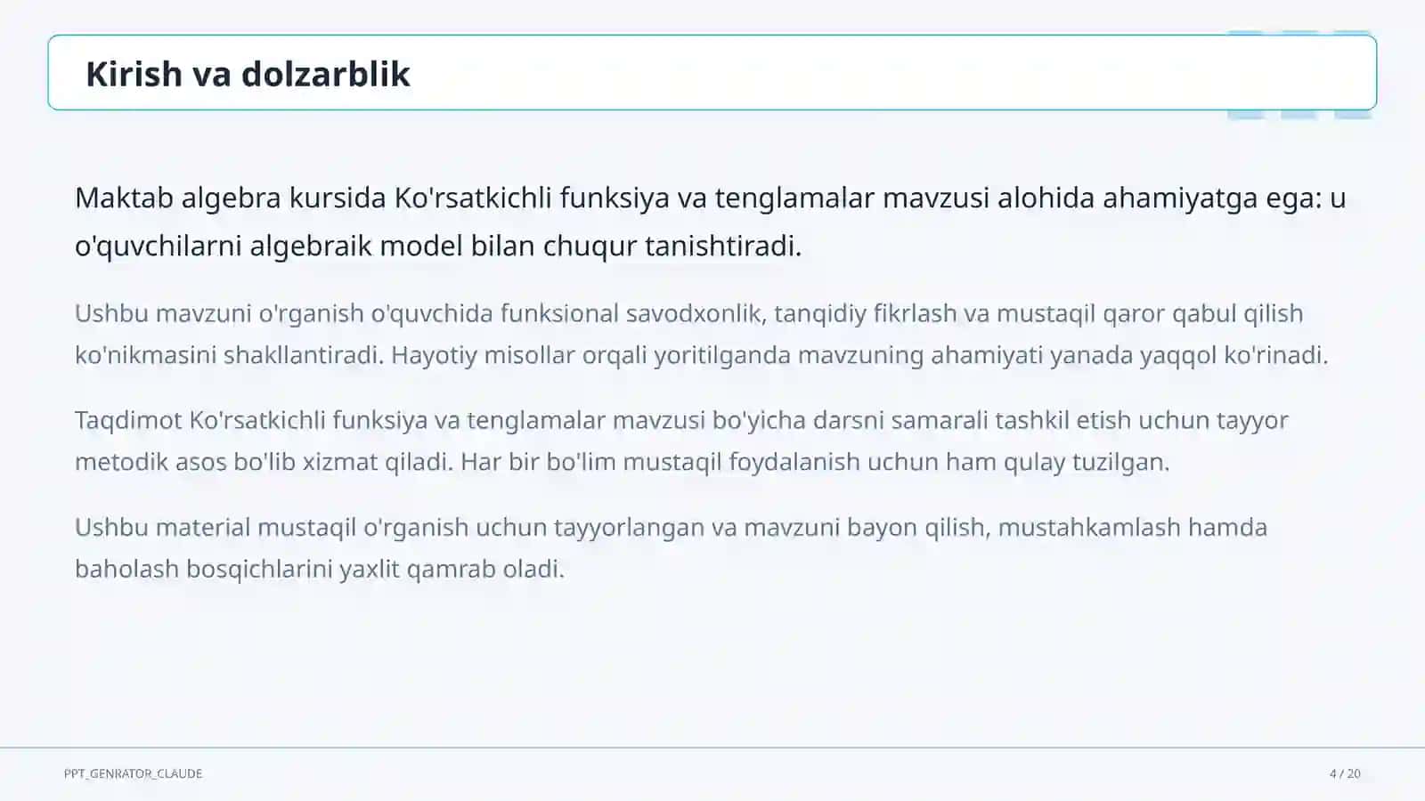 Ko'rsatkichli funksiya va tenglamalar (10-sinf) 4